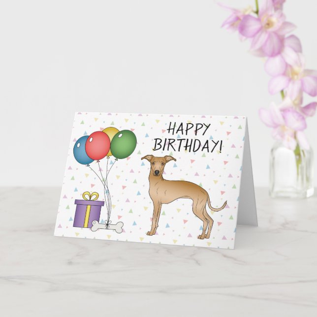 Fawn Italian Greyhound Cartoon Dog Happy Birthday Card (Orchid)
