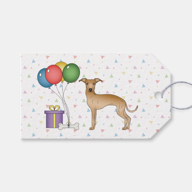 Fawn Italian Greyhound Cartoon Dog Happy Birthday Gift Tags (Front (Horizontal))