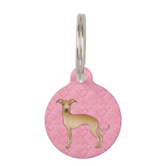 Fawn Italian Greyhound Cartoon Dog On Pink Hearts Pet ID Tag
