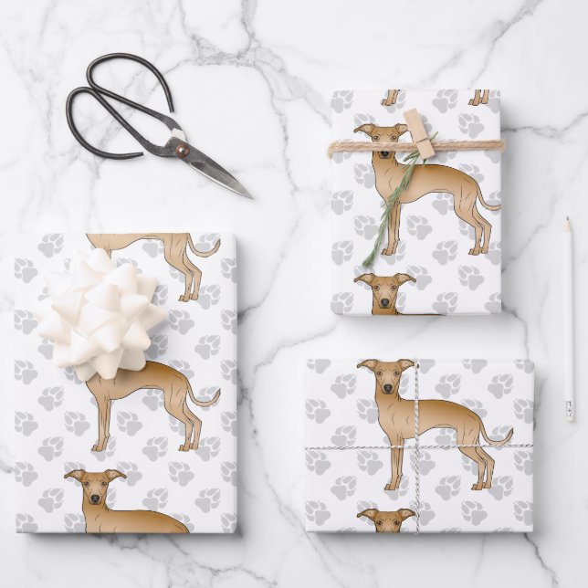 Fawn Italian Greyhound Cartoon Dogs With Paws Wrapping Paper Sheets (Front)