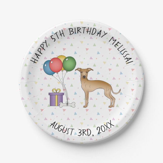 Fawn Italian Greyhound Cute Cartoon Dog Birthday Paper Plates (Front)