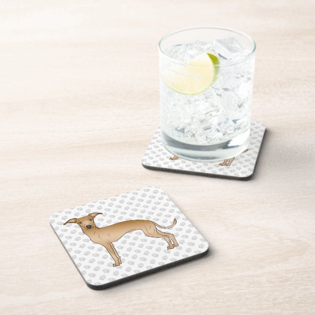 Fawn Italian Greyhound Cute Cartoon Dog With Paws Beverage Coaster (Right Side)