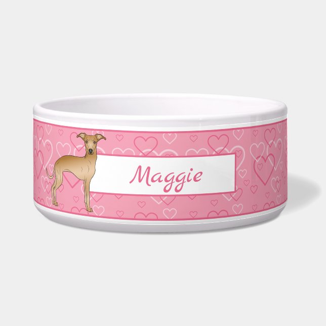 Fawn Italian Greyhound Cute Dog On Pink Hearts Bowl (Front)