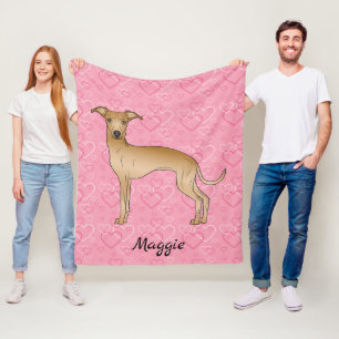 Fawn Italian Greyhound Cute Dog On Pink Hearts Fleece Blanket