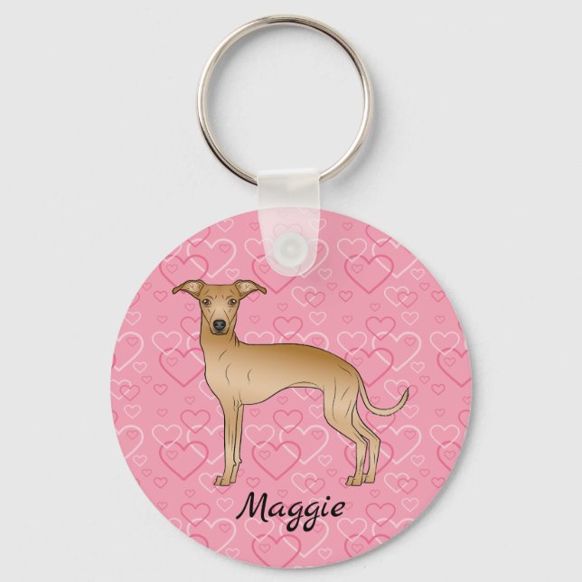Fawn Italian Greyhound Cute Dog On Pink Hearts Keychain (Front)