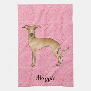 Fawn Italian Greyhound Cute Dog On Pink Hearts Kitchen Towel