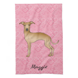 Fawn Italian Greyhound Cute Dog On Pink Hearts Kitchen Towel