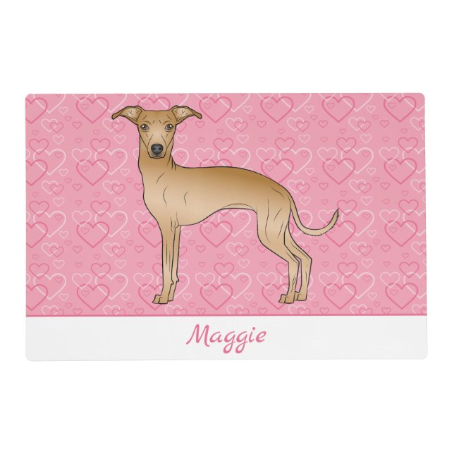 Fawn Italian Greyhound Cute Dog On Pink Hearts Placemat (Front)