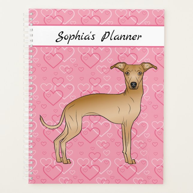 Fawn Italian Greyhound Cute Dog On Pink Hearts Planner (Front)