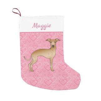 Fawn Italian Greyhound Cute Dog On Pink Hearts Small Christmas Stocking