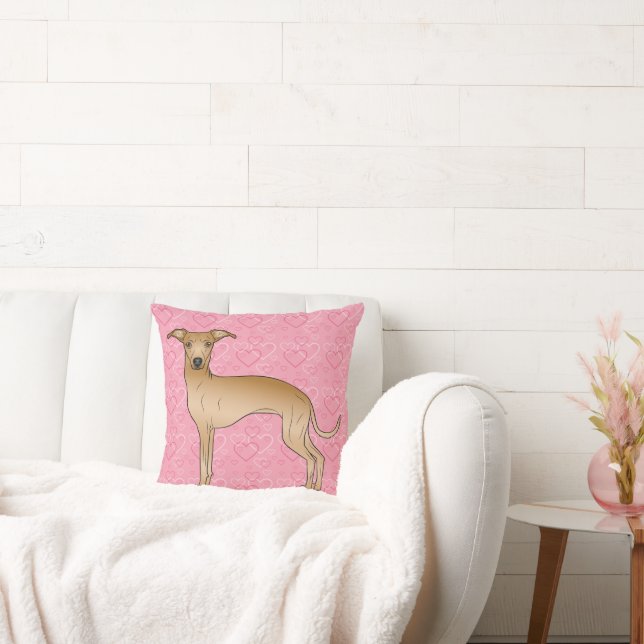 Fawn Italian Greyhound Cute Dog On Pink Hearts Throw Pillow (Couch)