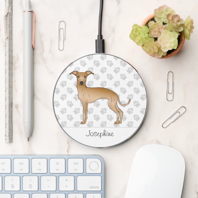 Fawn Italian Greyhound Cute Dog With Custom Name Wireless Charger (Desk)