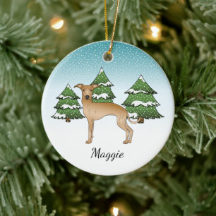 Fawn Italian Greyhound Dog In A Winter Forest Ceramic Ornament