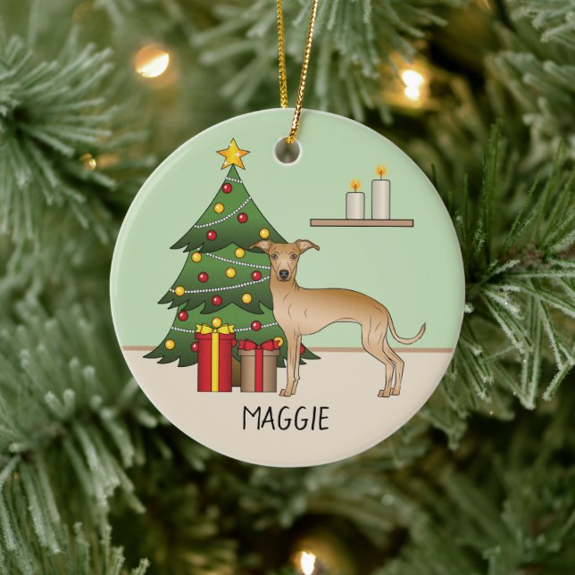 Fawn Italian Greyhound Dog With A Christmas Tree Ceramic Ornament (Tree)