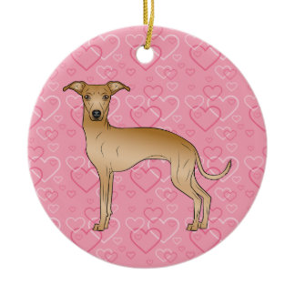 Fawn Italian Greyhound Pink Hearts Pet Memorial Ceramic Ornament