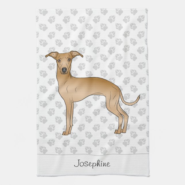 Fawn Italian Greyhound With Custom Name Kitchen Towel (Vertical)