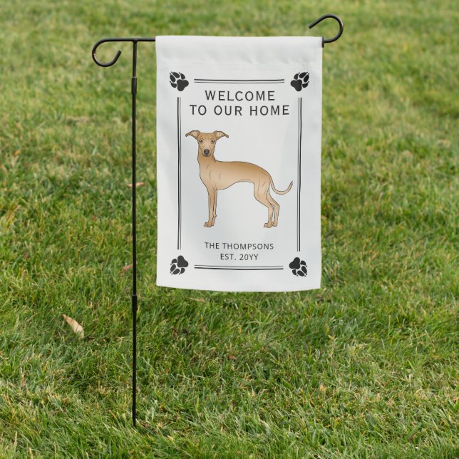Fawn Italian Greyhound With Paws And Custom Text Garden Flag (In SItu)