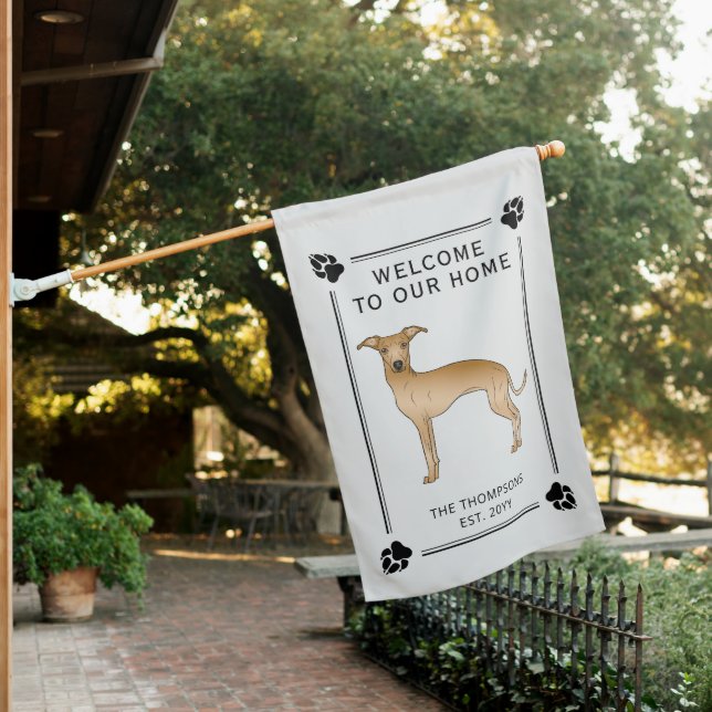 Fawn Italian Greyhound With Paws And Custom Text House Flag (In SItu)