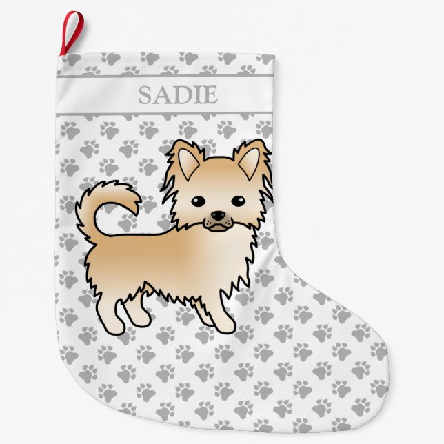 Fawn Long Coat Chihuahua Cartoon Dog & Name Large Christmas Stocking (Front)