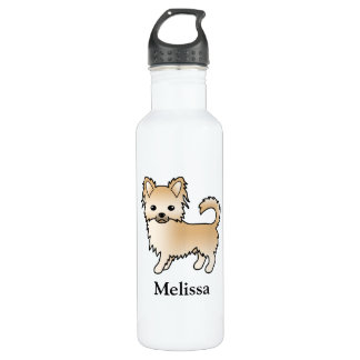 Fawn Long Coat Chihuahua Cartoon Dog &amp; Name Stainless Steel Water Bottle
