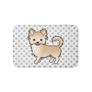 Fawn Long Coat Chihuahua Cartoon Dog &amp; Paws Bath Mat