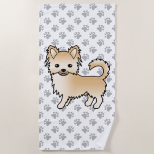 Fawn Long Coat Chihuahua Cartoon Dog & Paws Beach Towel