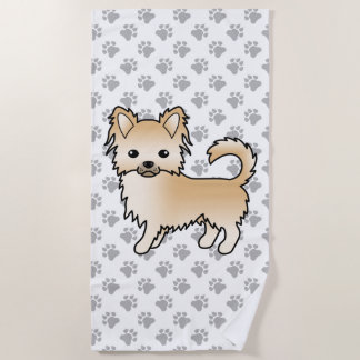 Fawn Long Coat Chihuahua Cartoon Dog &amp; Paws Beach Towel