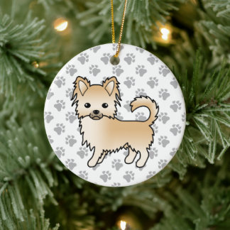 Fawn Long Coat Chihuahua Cartoon Dog &amp; Paws Ceramic Ornament