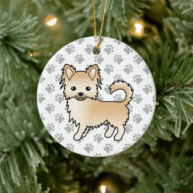 Fawn Long Coat Chihuahua Cartoon Dog & Paws Ceramic Ornament (Tree)