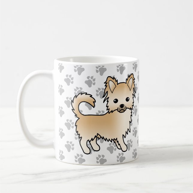 Fawn Long Coat Chihuahua Cartoon Dog & Paws Coffee Mug (Left)