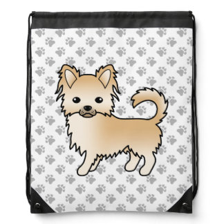 Fawn Long Coat Chihuahua Cartoon Dog &amp; Paws Drawstring Bag