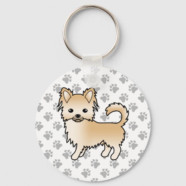 Fawn Long Coat Chihuahua Cartoon Dog & Paws Keychain (Front)