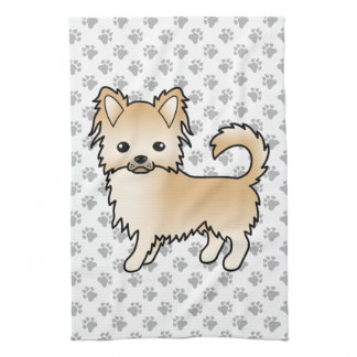 Fawn Long Coat Chihuahua Cartoon Dog &amp; Paws Kitchen Towel
