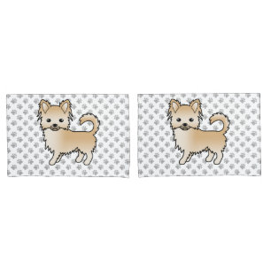 Fawn Long Coat Chihuahua Cartoon Dog & Paws Pillow Case