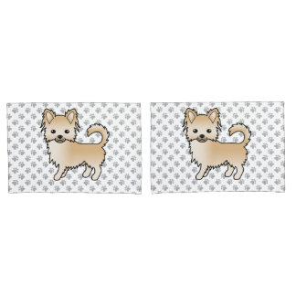 Fawn Long Coat Chihuahua Cartoon Dog &amp; Paws Pillow Case