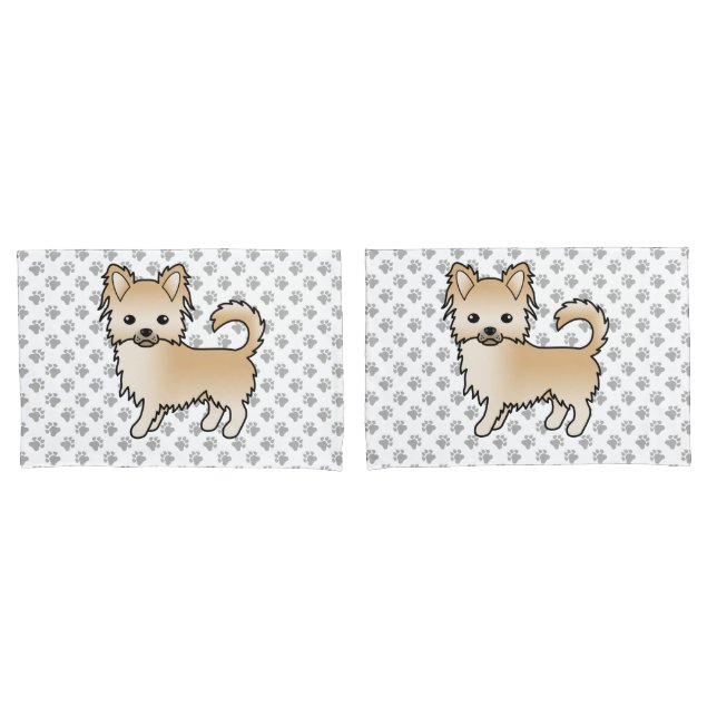 Fawn Long Coat Chihuahua Cartoon Dog & Paws Pillow Case (Front-Set)