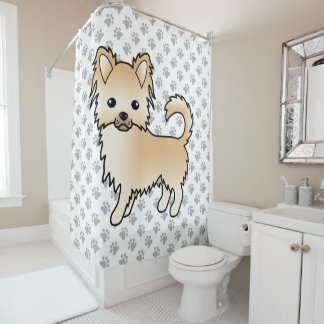 Fawn Long Coat Chihuahua Cartoon Dog &amp; Paws Shower Curtain