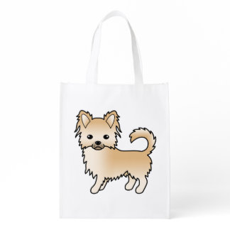 Fawn Long Coat Chihuahua Cute Cartoon Dog Grocery Bag