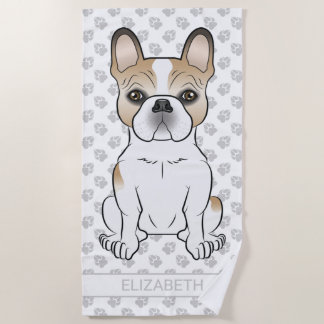 Fawn Pied French Bulldog / Frenchie Dog &amp; Name Beach Towel