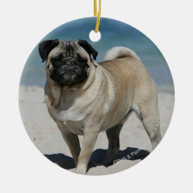Fawn Pug at the Beach Ceramic Ornament (Front)