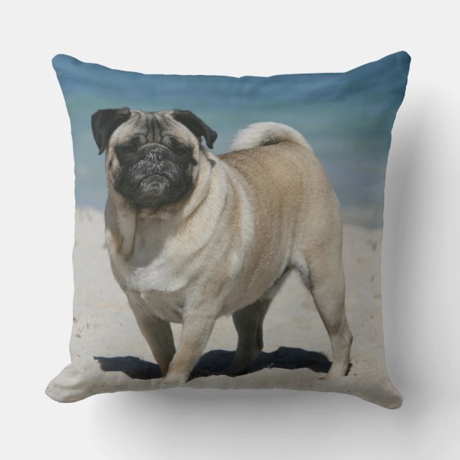 Fawn Pug at the Beach Throw Pillow (Front)