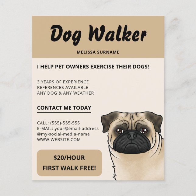 Fawn Pug Beige Dog Walker Dog Walking Pet Service Flyer (Front)