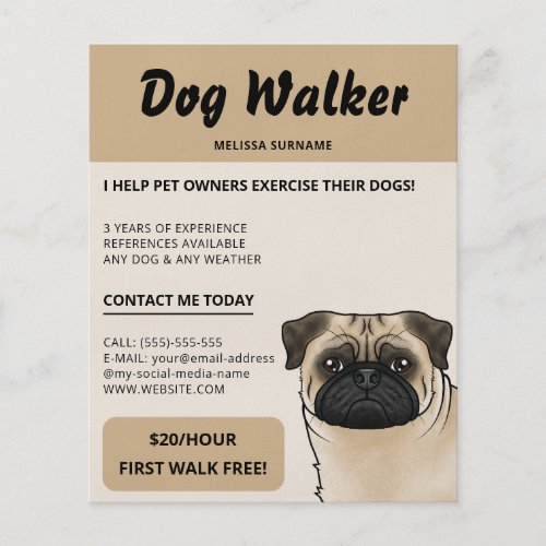 Fawn Pug Beige Dog Walker Dog Walking Pet Service Flyer