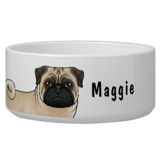 Fawn Pug Cartoon Dog Close-Up With Custom Name Bowl