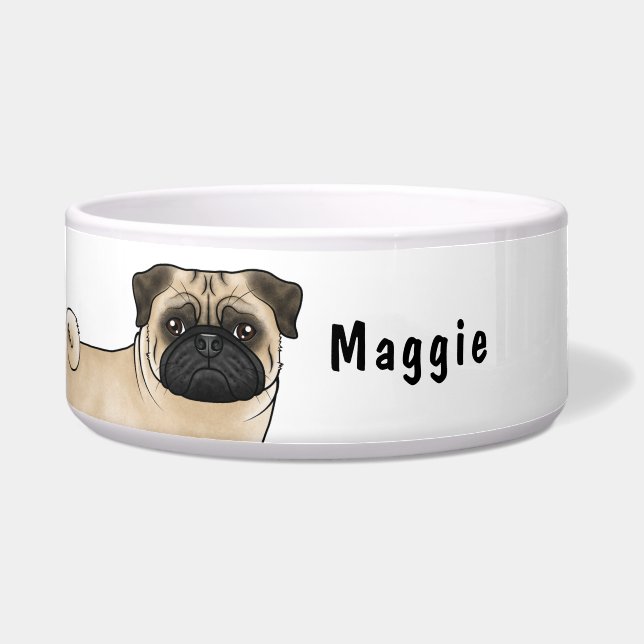 Fawn Pug Cartoon Dog Close-Up With Custom Name Bowl (Front)