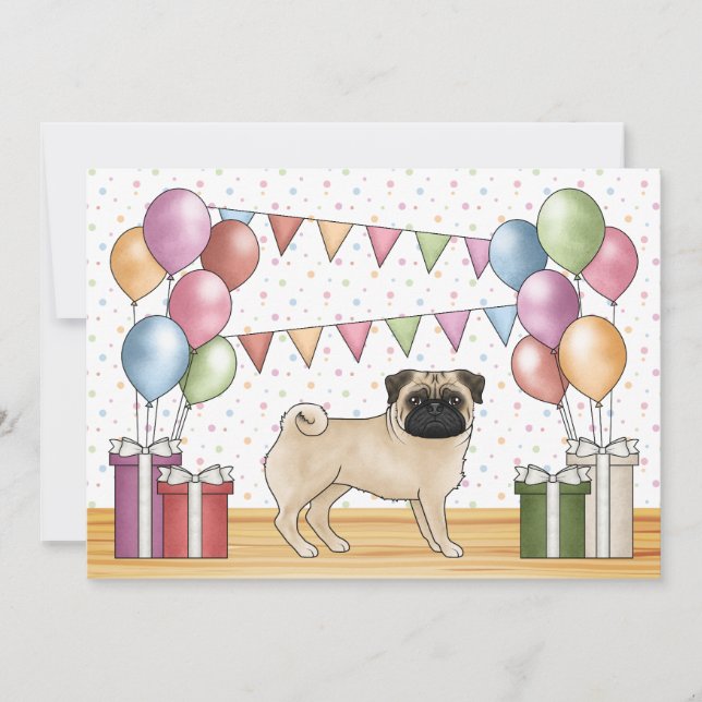 Fawn Pug Cartoon Dog Colorful Pastels Birthday Invitation (Front)