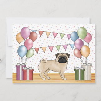 Fawn Pug Cartoon Dog Colorful Pastels Birthday Invitation