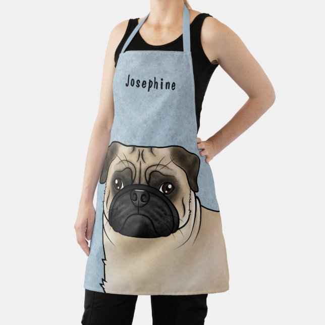 Fawn Pug Cartoon Dog Head Close-Up With Name Blue Apron (Insitu)