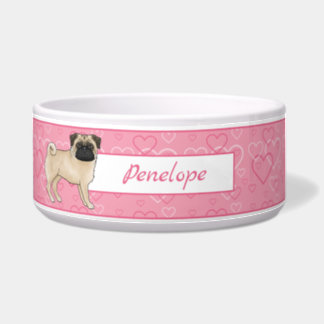 Fawn Pug Cartoon Mops On Pink Hearts With Name Bowl