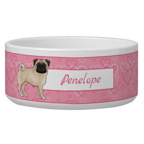 Fawn Pug Cartoon Mops On Pink Hearts With Name Bowl